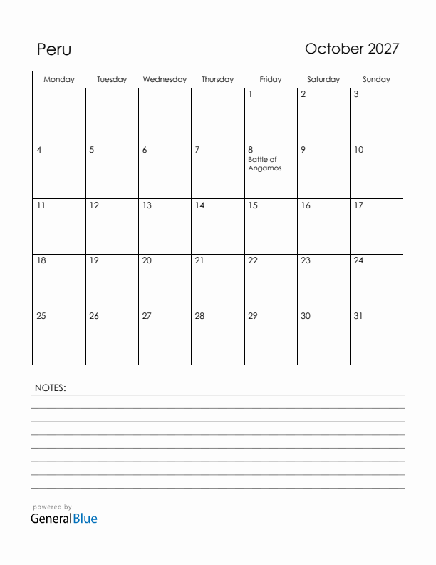 October 2027 Peru Calendar with Holidays (Monday Start)