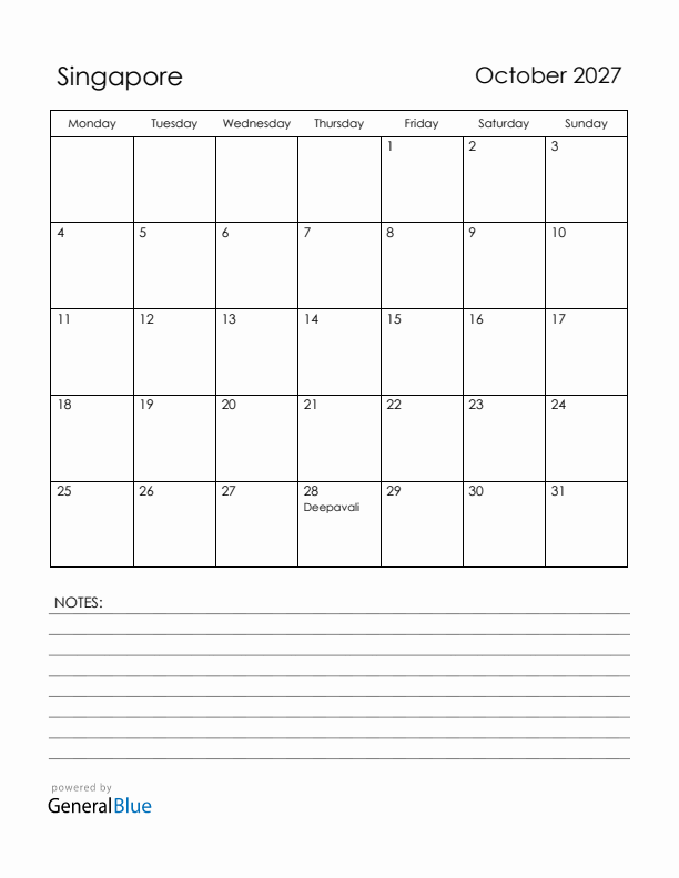 October 2027 Singapore Calendar with Holidays (Monday Start)