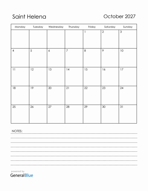 October 2027 Saint Helena Calendar with Holidays (Monday Start)