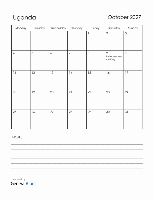 October 2027 Uganda Calendar with Holidays (Monday Start)