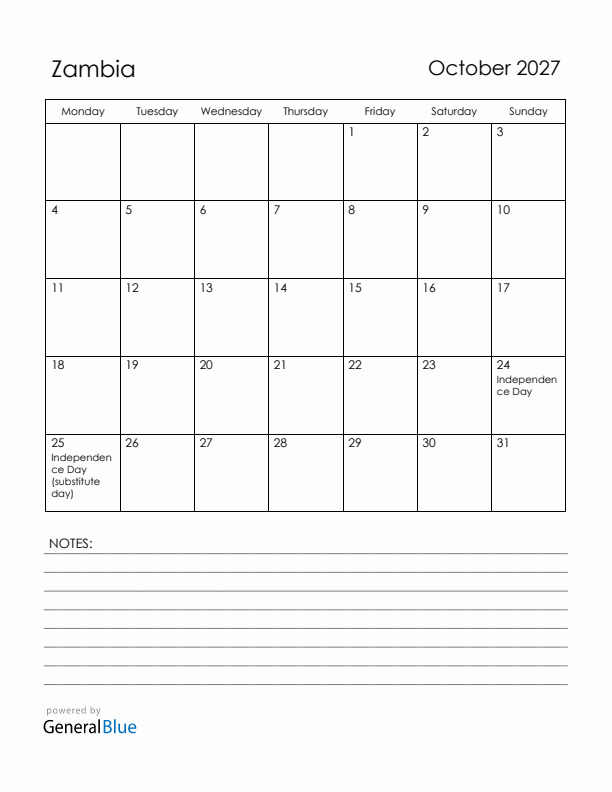 October 2027 Zambia Calendar with Holidays (Monday Start)