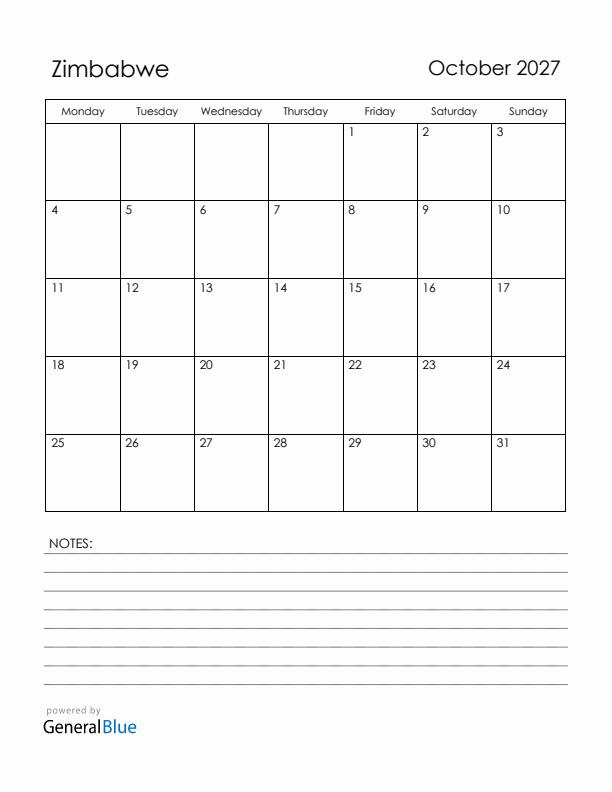 October 2027 Zimbabwe Calendar with Holidays (Monday Start)