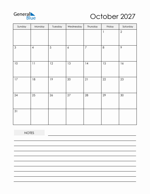 Printable Calendar with Notes - October 2027 