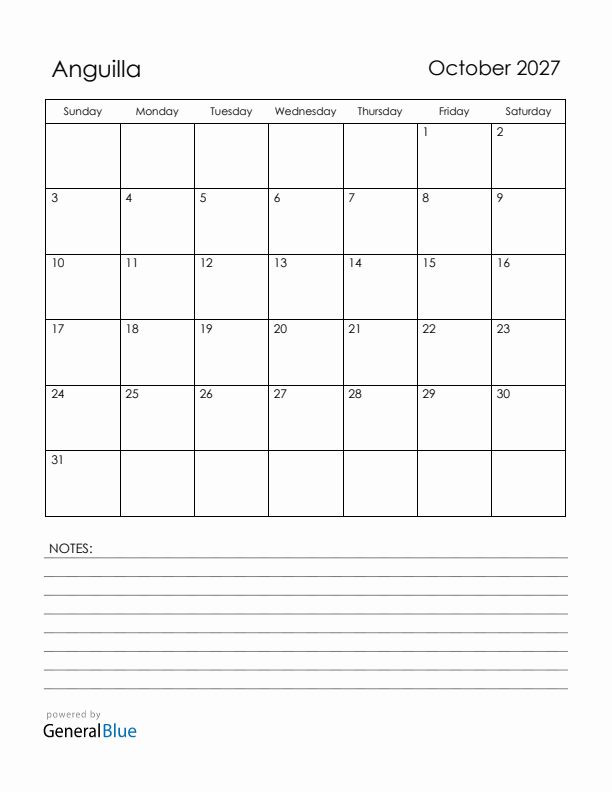 October 2027 Anguilla Calendar with Holidays (Sunday Start)