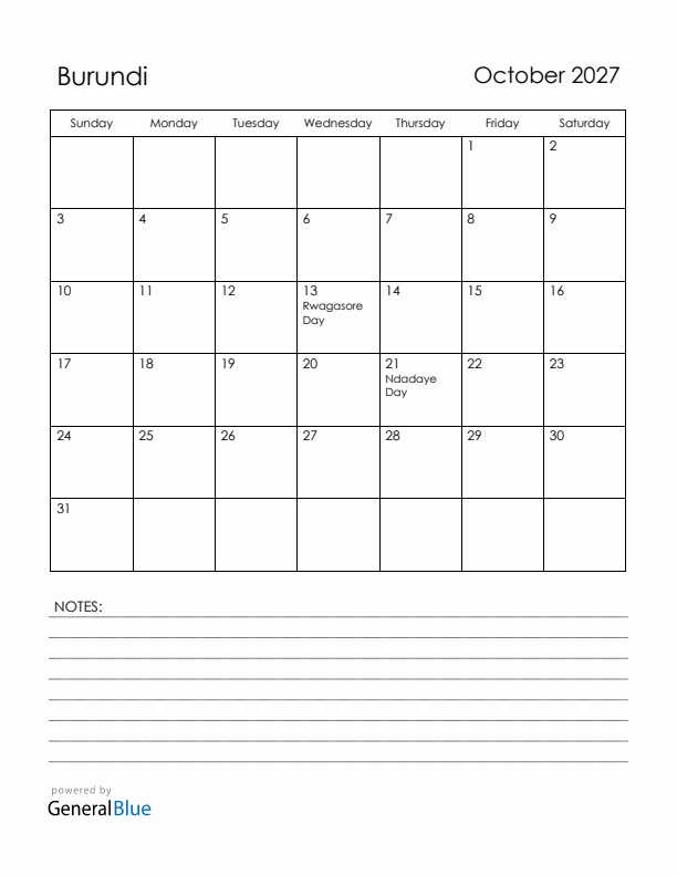 October 2027 Burundi Calendar with Holidays (Sunday Start)