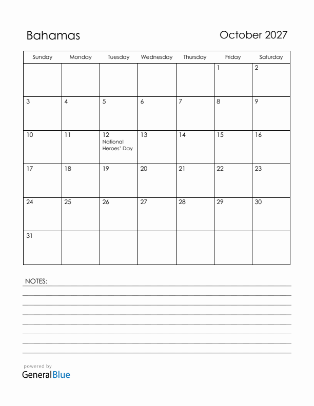 October 2027 Bahamas Calendar with Holidays (Sunday Start)