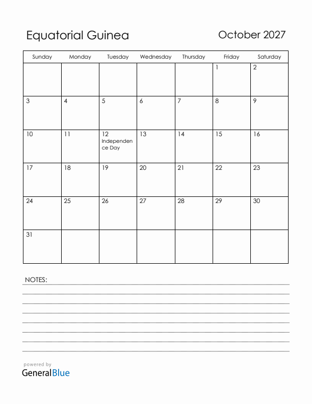 October 2027 Equatorial Guinea Calendar with Holidays (Sunday Start)