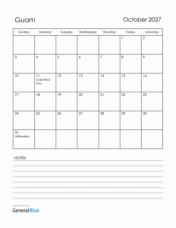 October 2027 Guam Calendar with Holidays (Sunday Start)