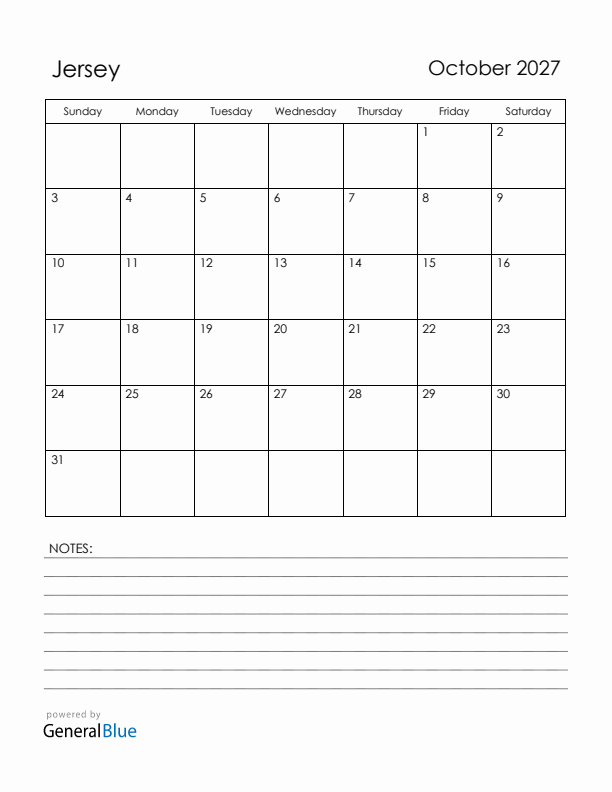 October 2027 Jersey Calendar with Holidays (Sunday Start)