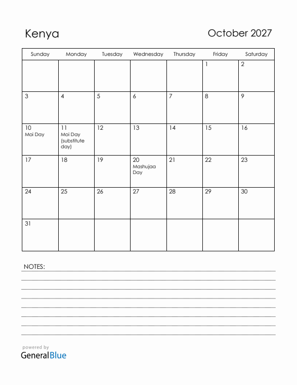 October 2027 Kenya Calendar with Holidays (Sunday Start)