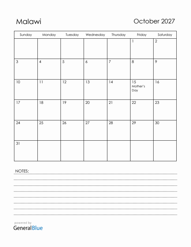 October 2027 Malawi Calendar with Holidays (Sunday Start)