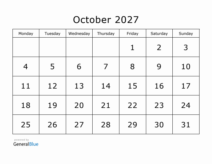 Printable October 2027 Calendar - Monday Start