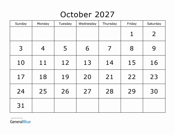 Printable October 2027 Calendar - Sunday Start