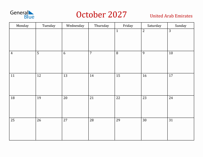 United Arab Emirates October 2027 Calendar - Monday Start