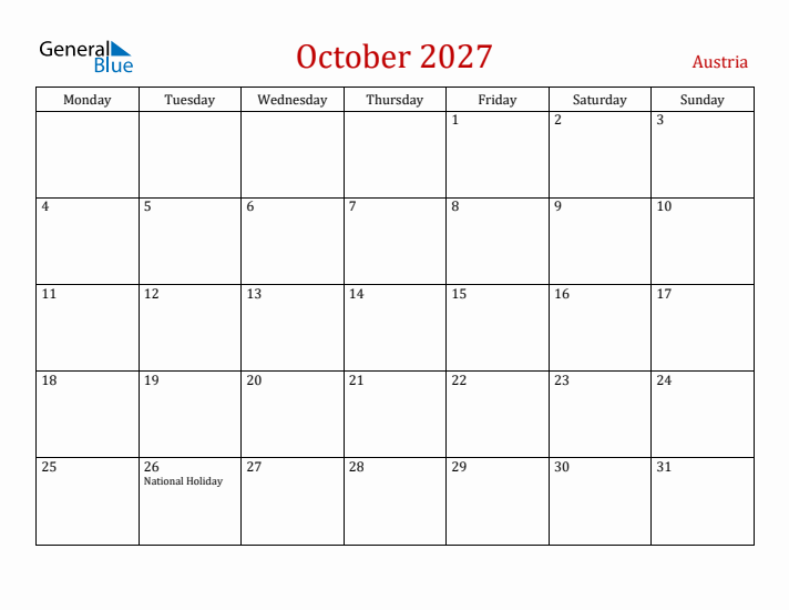 Austria October 2027 Calendar - Monday Start