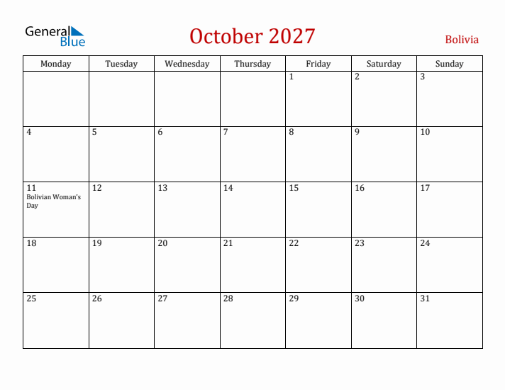 Bolivia October 2027 Calendar - Monday Start