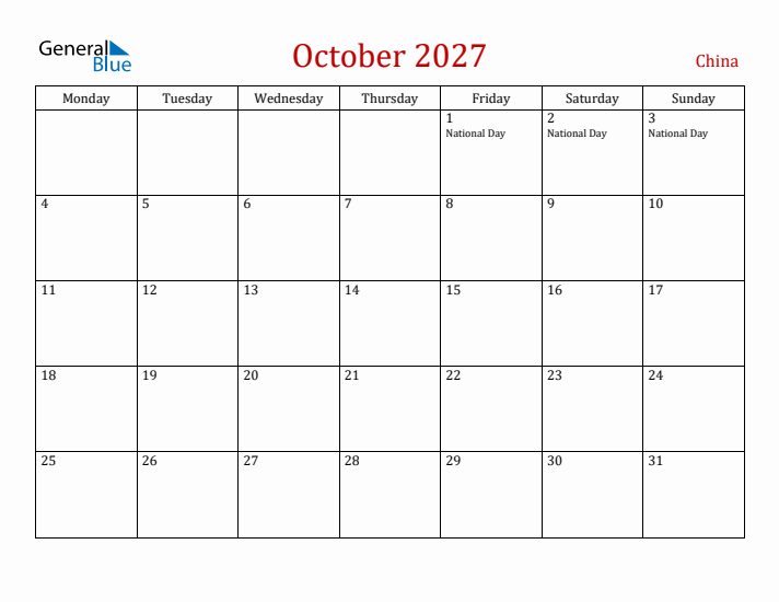 China October 2027 Calendar - Monday Start