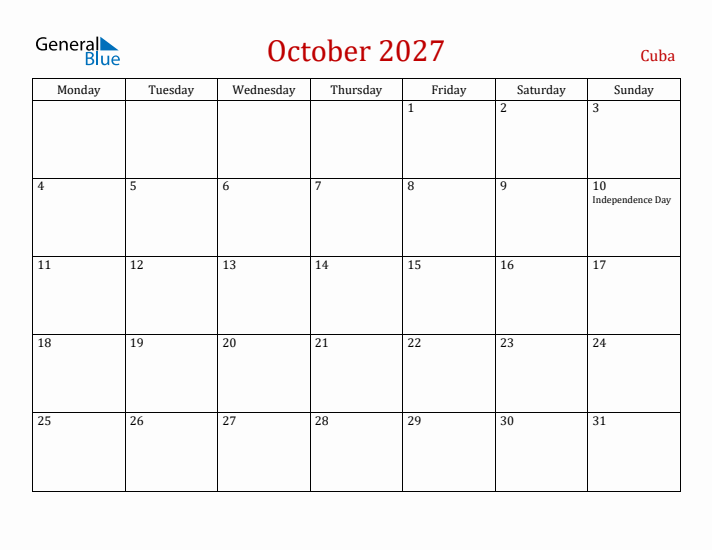 Cuba October 2027 Calendar - Monday Start