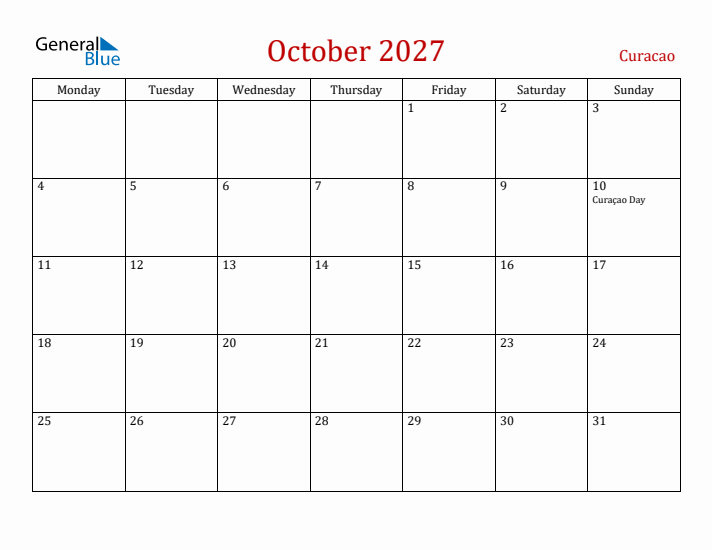 Curacao October 2027 Calendar - Monday Start