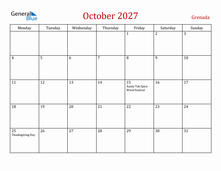 Grenada October 2027 Calendar - Monday Start