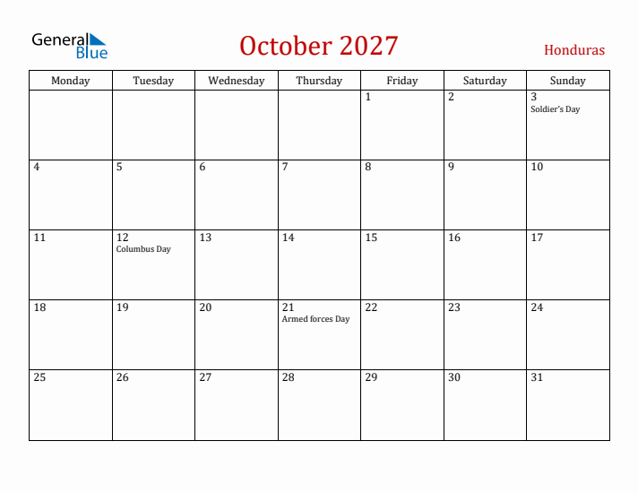 Honduras October 2027 Calendar - Monday Start