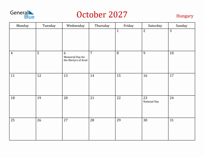 Hungary October 2027 Calendar - Monday Start
