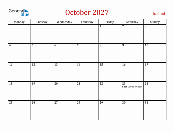 Iceland October 2027 Calendar - Monday Start