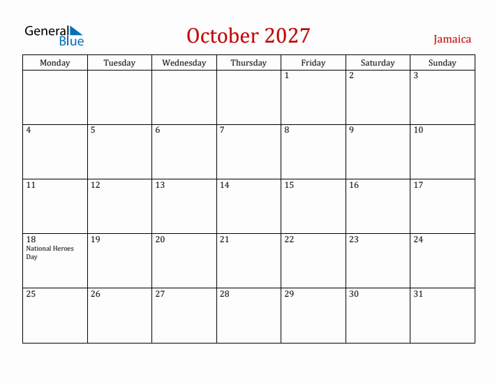 Jamaica October 2027 Calendar - Monday Start