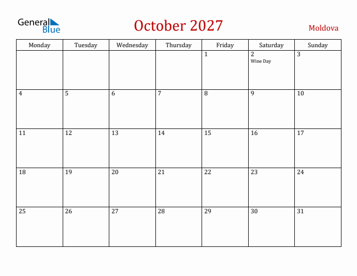 Moldova October 2027 Calendar - Monday Start