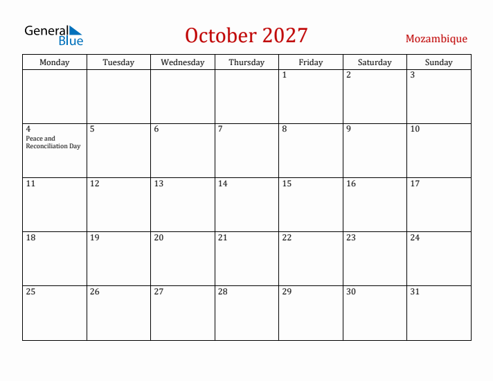 Mozambique October 2027 Calendar - Monday Start