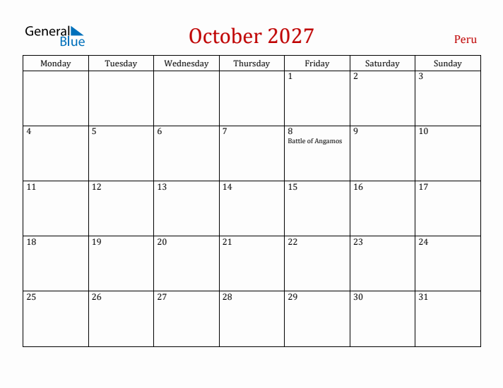 Peru October 2027 Calendar - Monday Start