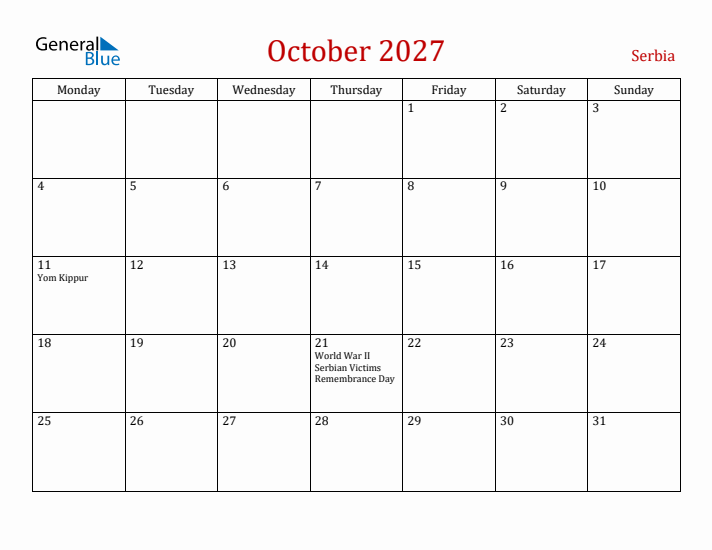 Serbia October 2027 Calendar - Monday Start