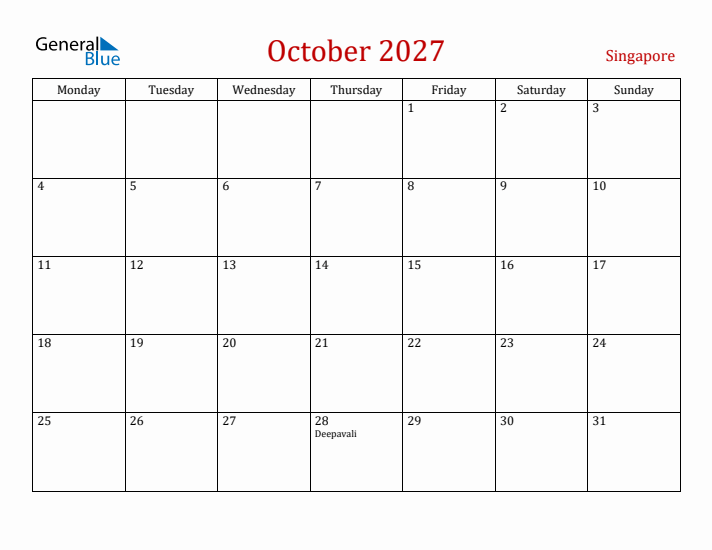 Singapore October 2027 Calendar - Monday Start