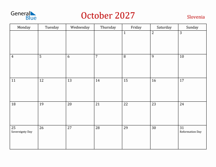 Slovenia October 2027 Calendar - Monday Start