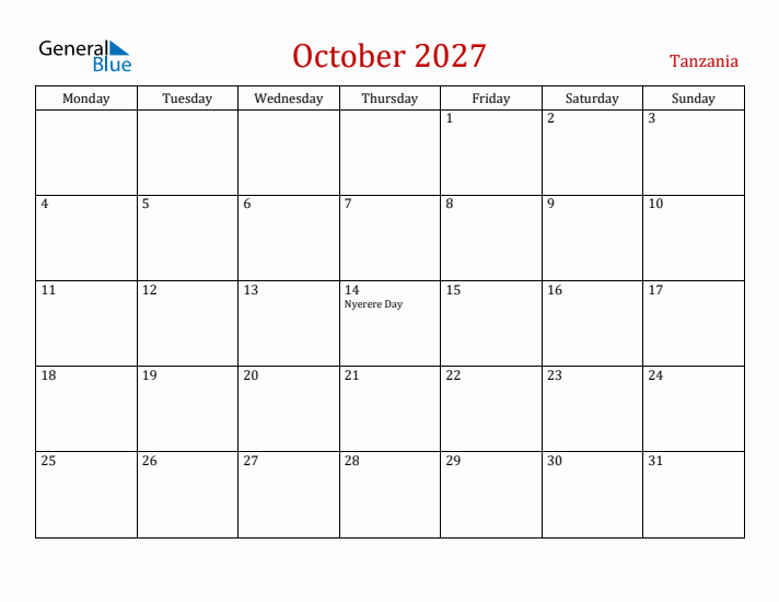 Tanzania October 2027 Calendar - Monday Start