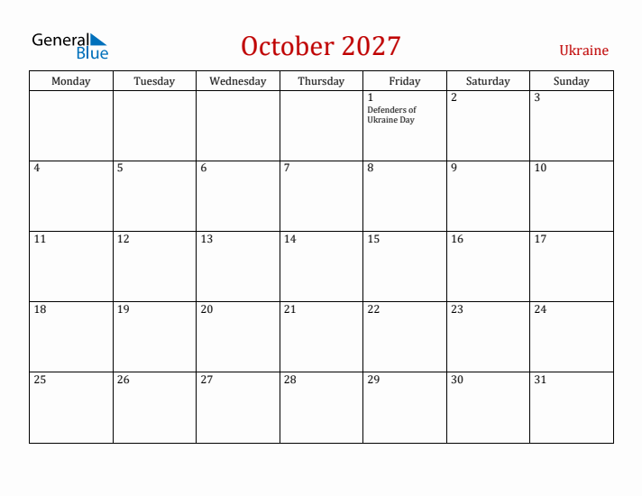 Ukraine October 2027 Calendar - Monday Start