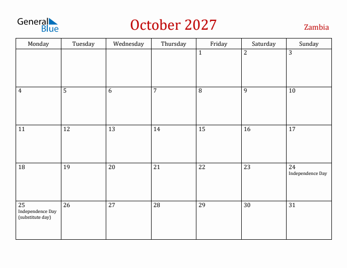 Zambia October 2027 Calendar - Monday Start
