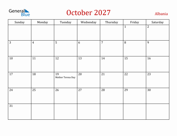 Albania October 2027 Calendar - Sunday Start
