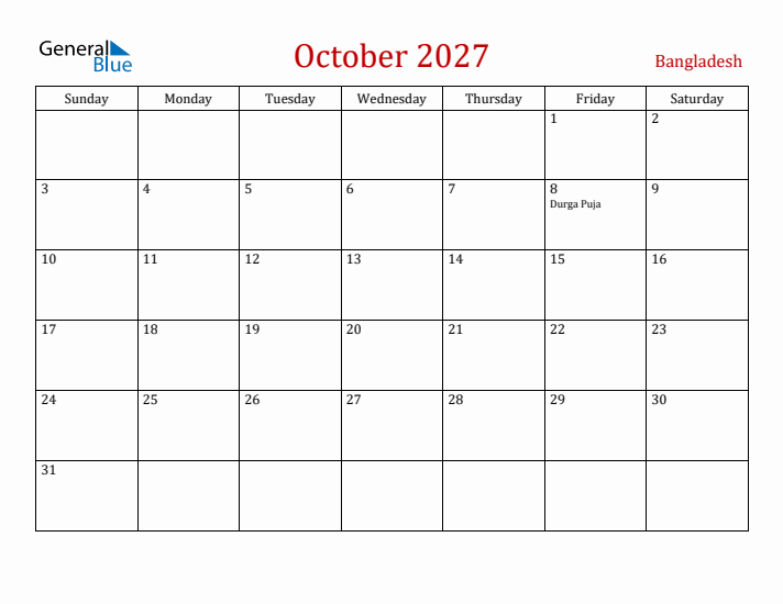 Bangladesh October 2027 Calendar - Sunday Start