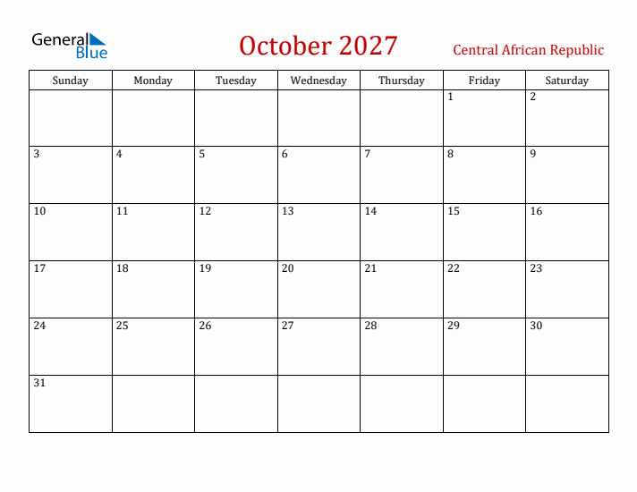 Central African Republic October 2027 Calendar - Sunday Start
