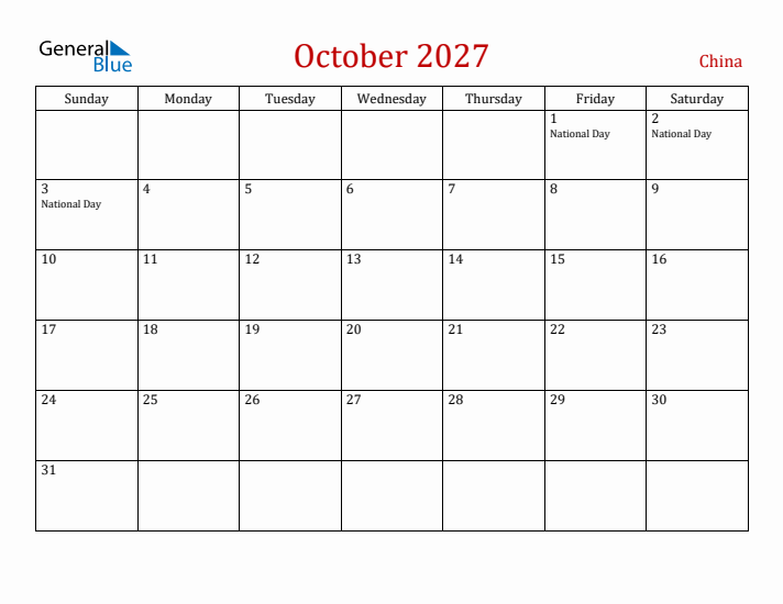 China October 2027 Calendar - Sunday Start
