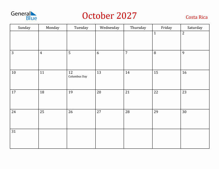 Costa Rica October 2027 Calendar - Sunday Start