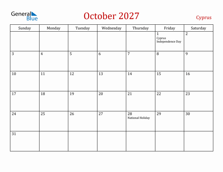Cyprus October 2027 Calendar - Sunday Start