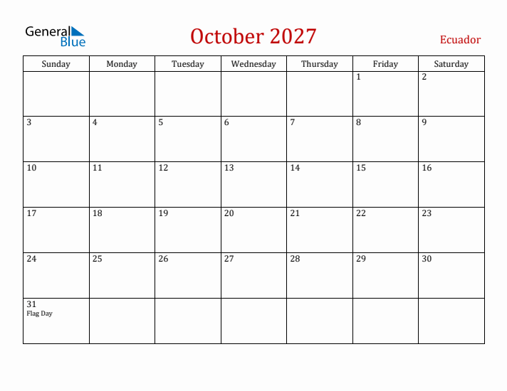 Ecuador October 2027 Calendar - Sunday Start