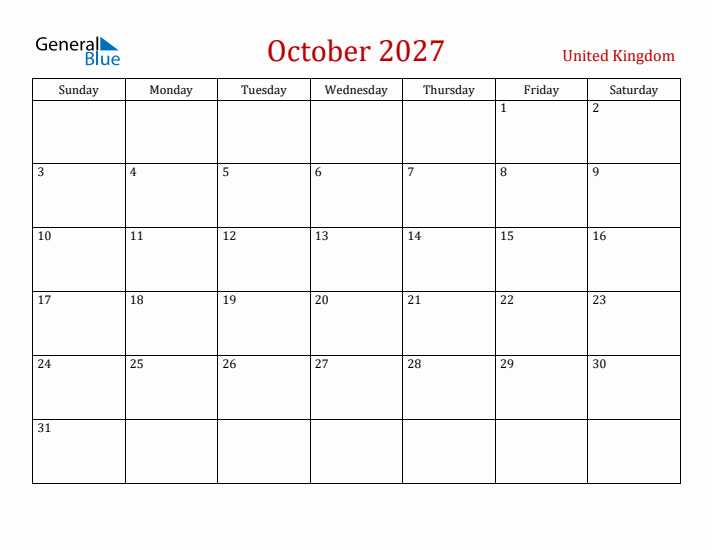 United Kingdom October 2027 Calendar - Sunday Start