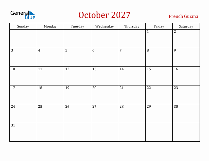 French Guiana October 2027 Calendar - Sunday Start