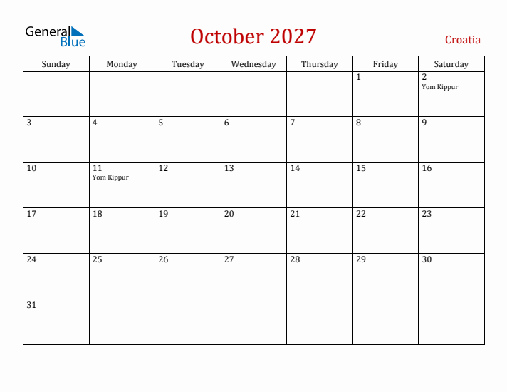 Croatia October 2027 Calendar - Sunday Start