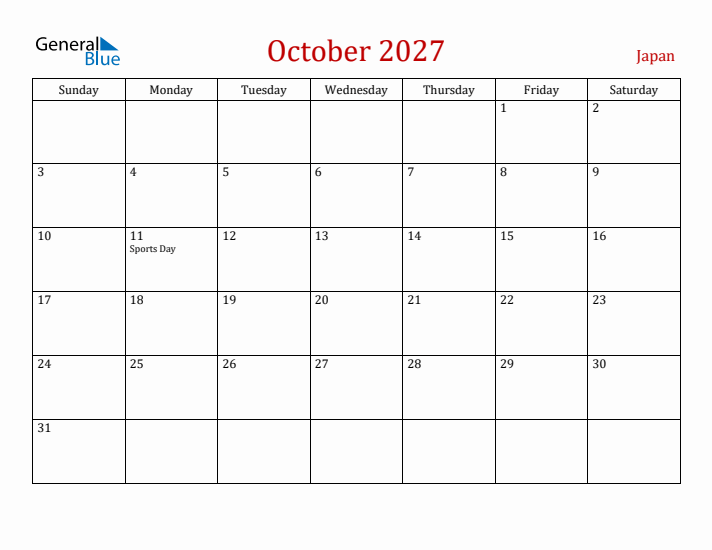 Japan October 2027 Calendar - Sunday Start