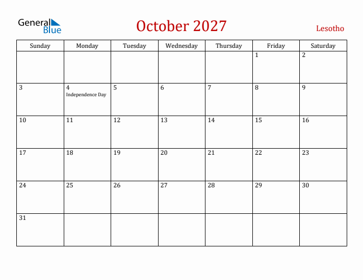 Lesotho October 2027 Calendar - Sunday Start