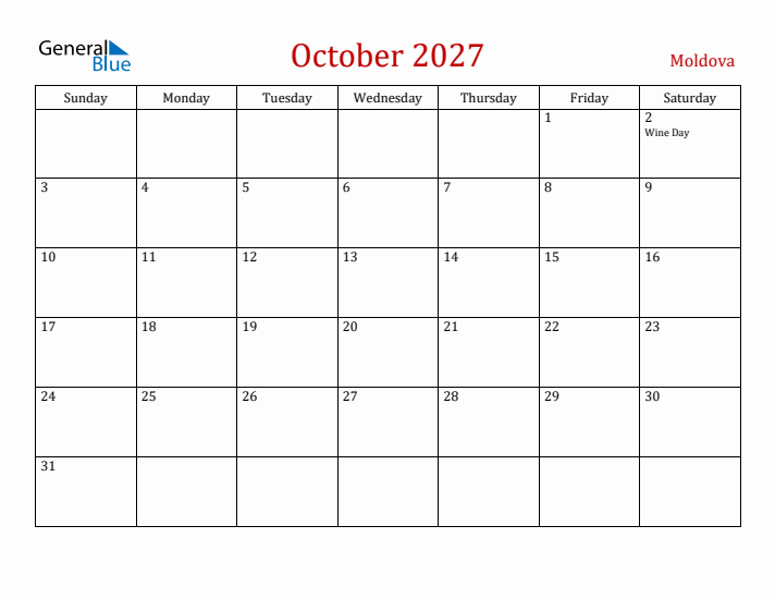 Moldova October 2027 Calendar - Sunday Start